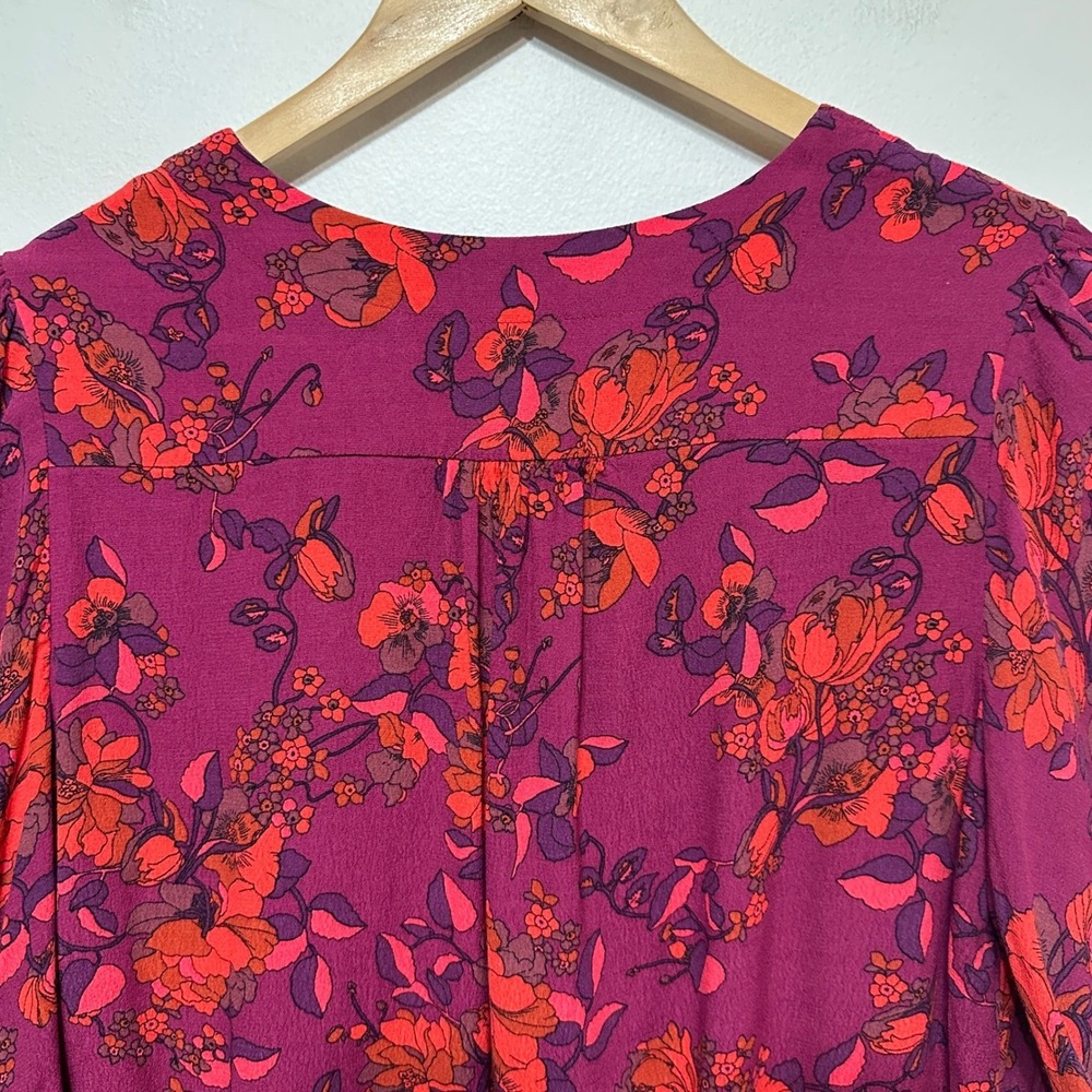Maeve Anthropologie Fall Floral Blouse Womens Large Magenta Ruched Sleeve Top - Picture 10 of 11